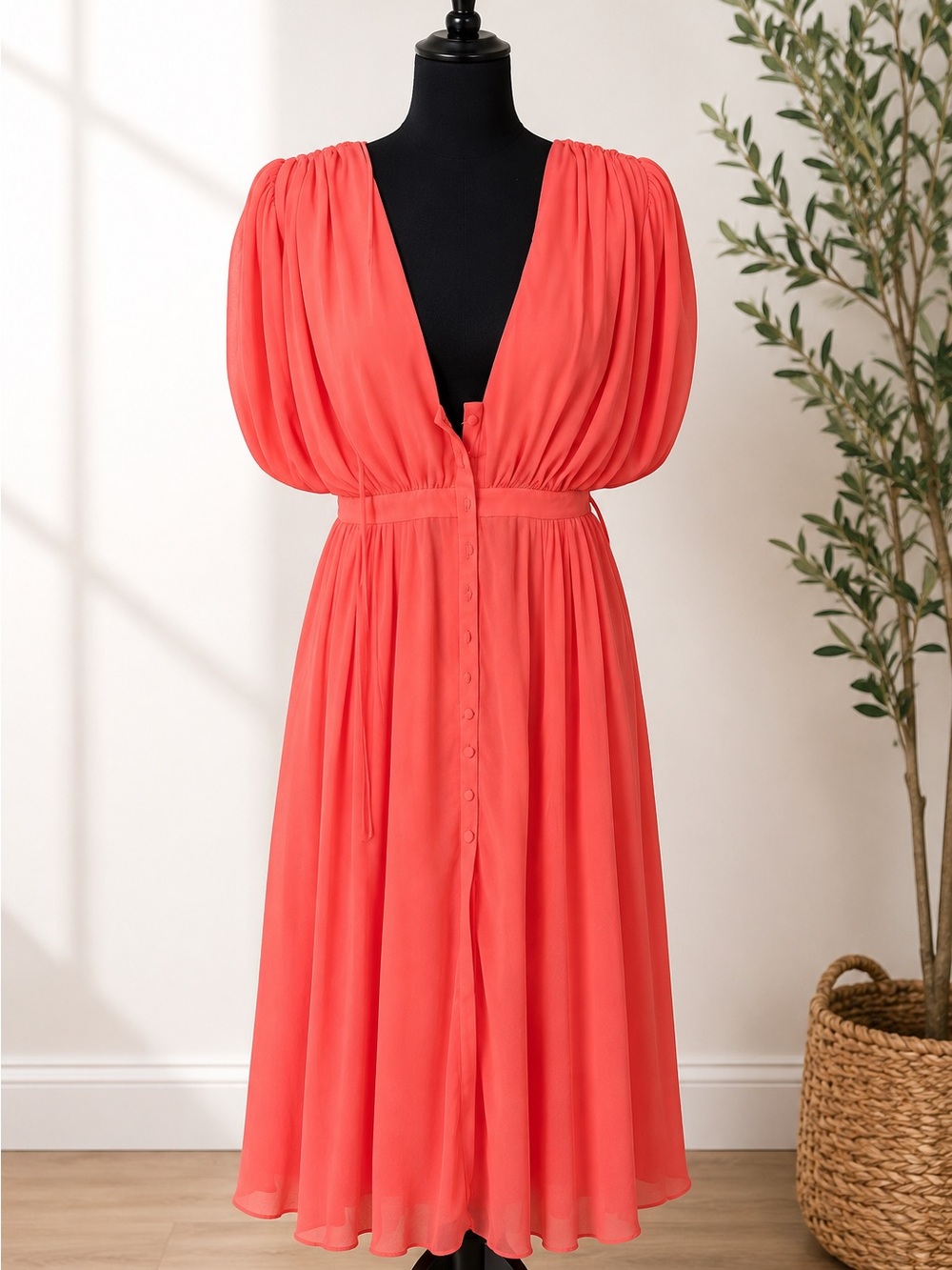 Fame and Partners Coral Deep V Midi Dress Puff Sleeve Button Front Size 10